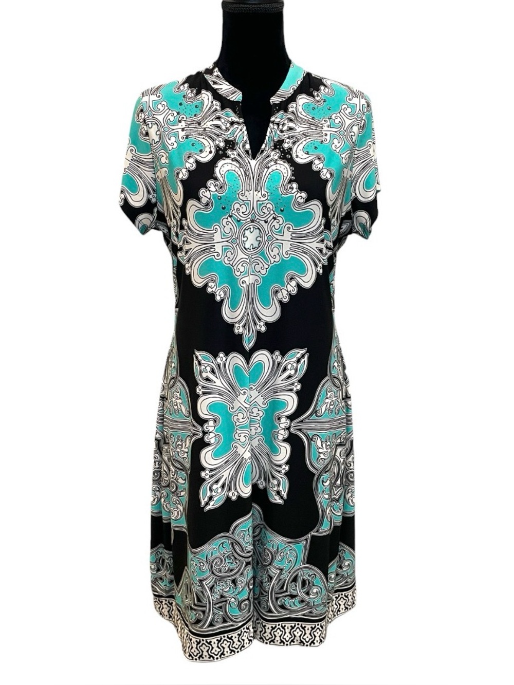 Madison Black and Turquoise Scroll-Print Midi Dress